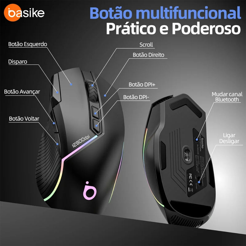 Mouse Gamer Basike Ba MOU 339 Sem fio Bluetooth Wirelles ou Cabo C Recarregável Com RGB 12.800DPI