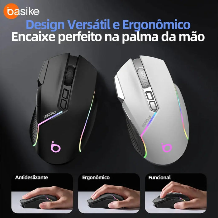 Mouse Gamer Basike Ba MOU 339 Sem fio Bluetooth Wirelles ou Cabo C Recarregável Com RGB 12.800DPI - Basike Brasil Oficial