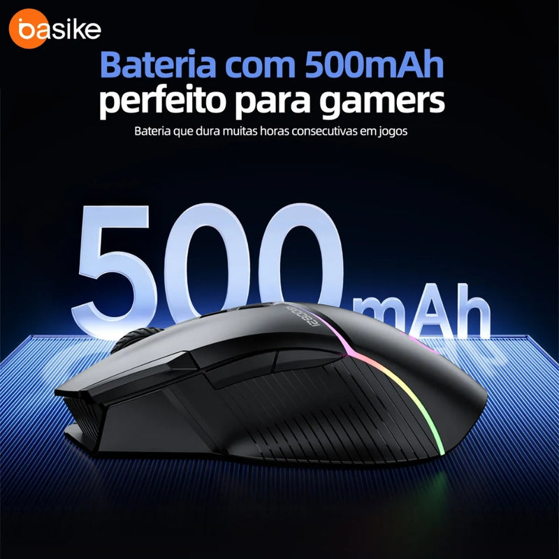 Mouse Gamer Basike Ba MOU 339 Sem fio Bluetooth Wirelles ou Cabo C Recarregável Com RGB 12.800DPI