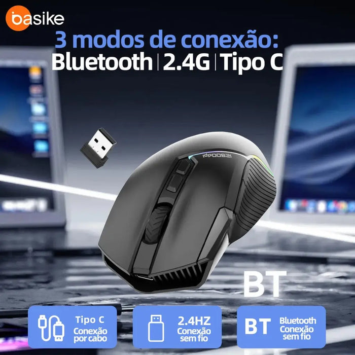 Mouse Gamer Basike Ba MOU 339 Sem fio Bluetooth Wirelles ou Cabo C Recarregável Com RGB 12.800DPI - Basike Brasil Oficial