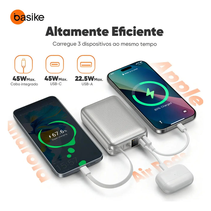 Power Bank Basike B203 20.000mAh Carregamento Rápido Portátil 45 W 3 Sáidas - Basike Brasil Oficial