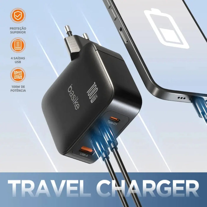 Carregador Basike Ba CAR 050 100W USB-C 3 USB-A 1 Portas Rápido Premium - Basike Brasil Oficial