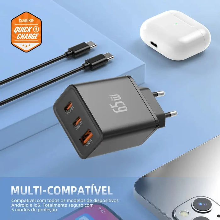 Carregador Basike Ba CAR 049 65W Potente Turbo Tipo C 2 e USB 1 Premium - Basike Brasil Oficial