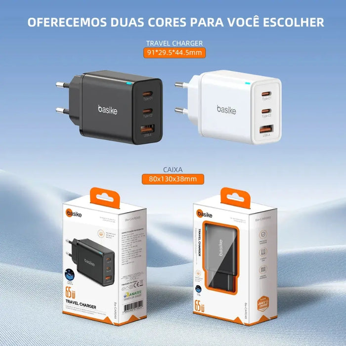 Carregador Basike Ba CAR 049 65W Potente Turbo Tipo C 2 e USB 1 Premium - Basike Brasil Oficial