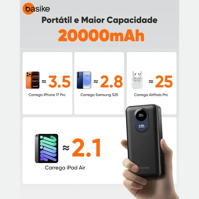 Power Bank Basike 079F 20.000mAh Com Cabo Embutido 22,5W e Display - Basike Brasil Oficial