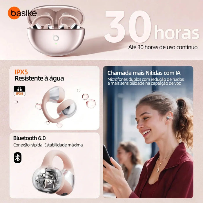 Fone de Ouvido Basike Ba FON 261A Open-Ear Sem Fio TWS Tipo Clipe Basike