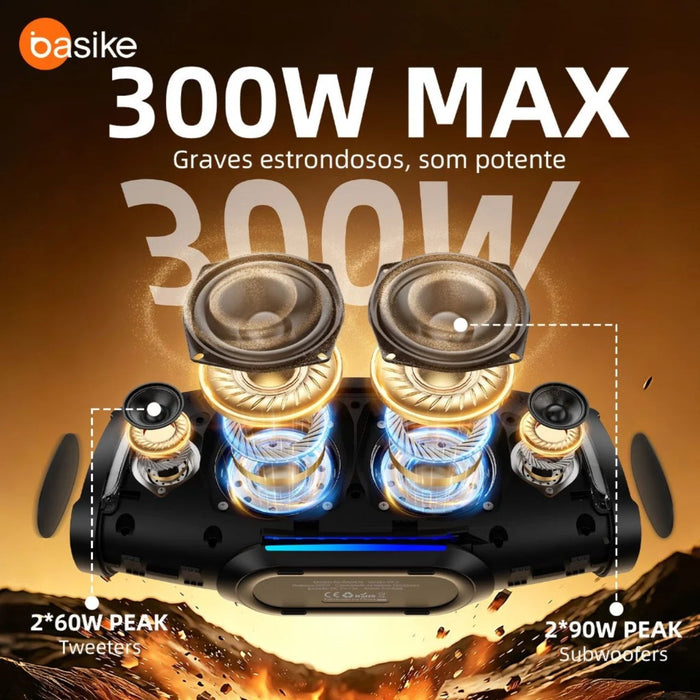 Caixa de Som Basike Ba RAD 439 300W Bluetooth Portátil Boombox 26000mAh IPX6 À Prova D`água RGB TWS Basike