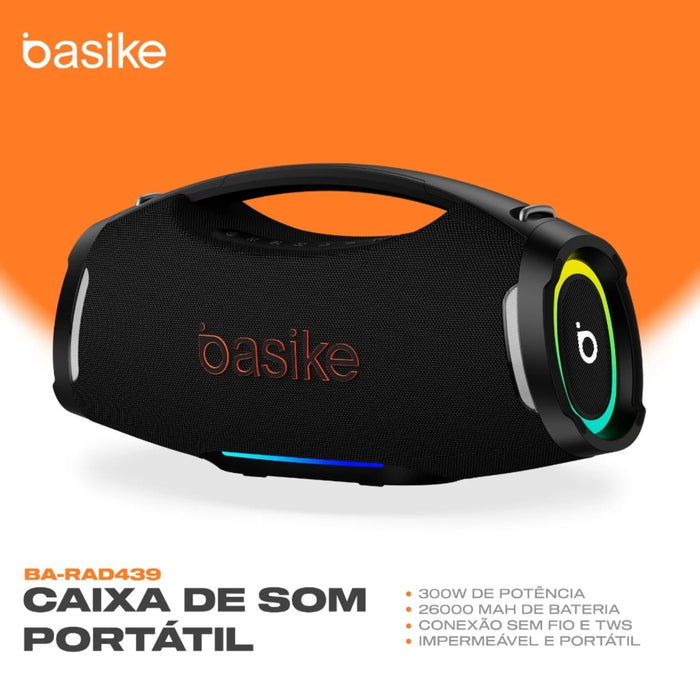 Caixa de Som Basike Ba RAD 439 300W Bluetooth Portátil Boombox 26000mAh IPX6 À Prova D`água RGB TWS Basike