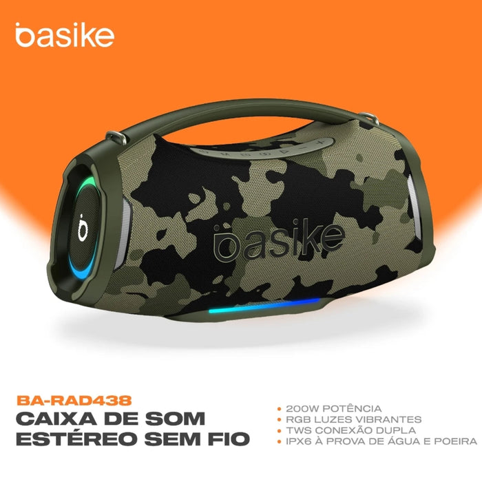 Caixa de Som Basike Ba RAD 438 200W Graves Fortes 18000mAh IPX6 RGB e TWS Basike