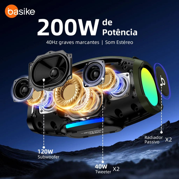 Caixa de Som Basike Ba RAD 438 200W Graves Fortes 18000mAh IPX6 RGB e TWS Basike
