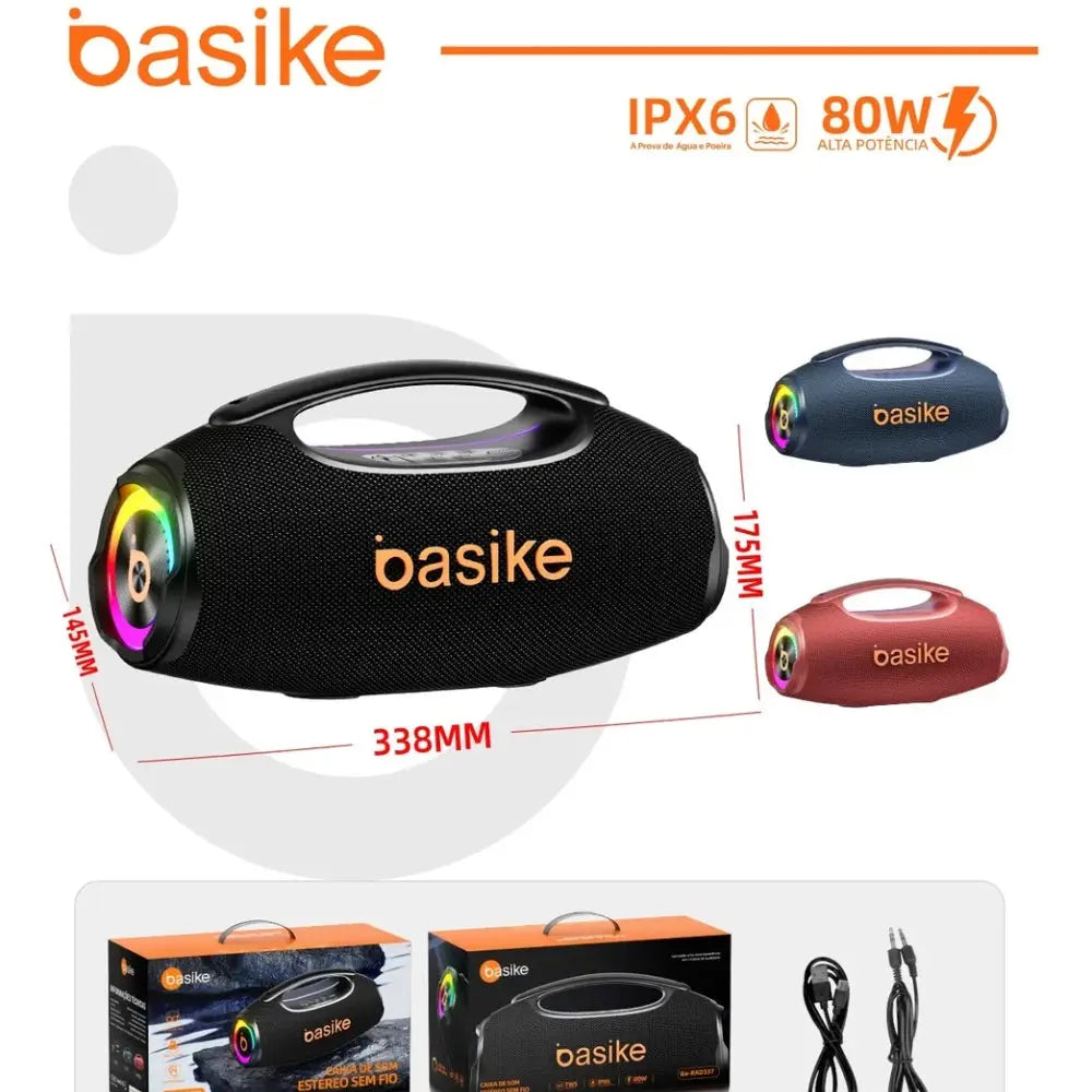 Boombox Basike 80W Bluetooth IPX6 com TWS – Caixa de Som Potente e