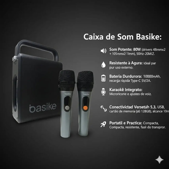 Caixa de Som Basike Ba RAD 237 80W Bluetooth com 2 Microfones Karaokê Potente - Basike Brasil Oficial