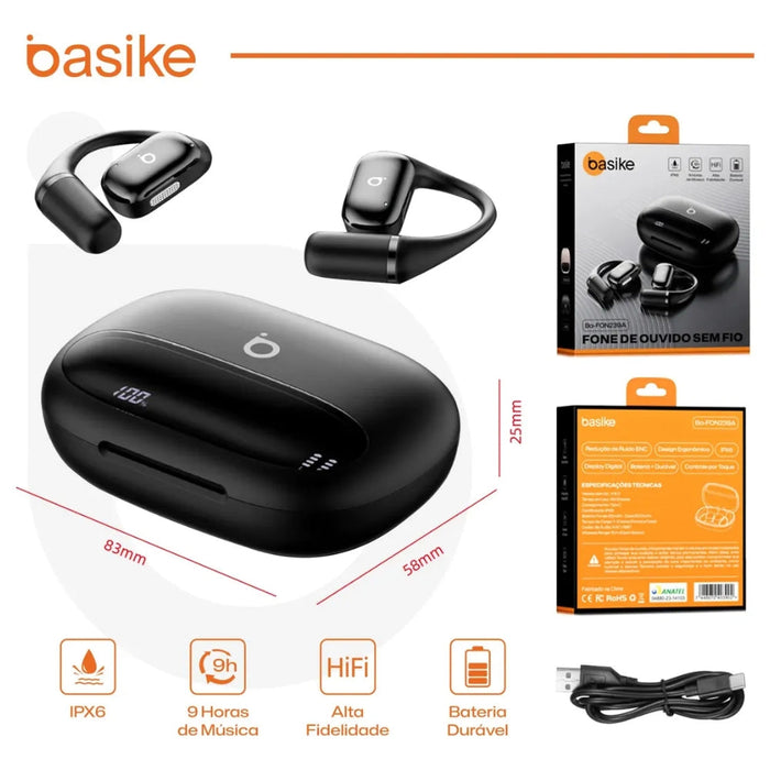 Fone de Ouvido Basike Ba FON 239A Bluetooth Tipo Gancho com Display Anti Ruido Basike