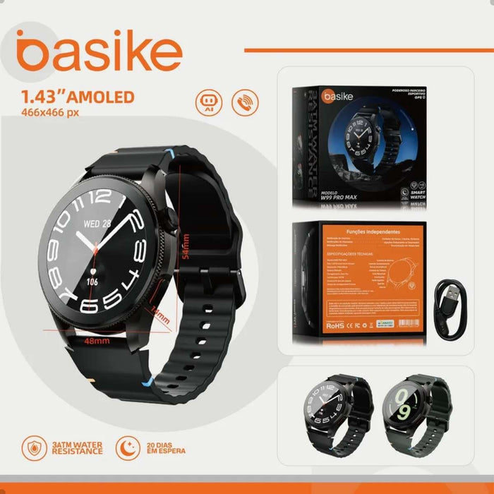 Smartwatch Basike W99 1.43" Tela Redonda Com IA GPS  Chamada Bluetooth e Modo Esportivo Basike