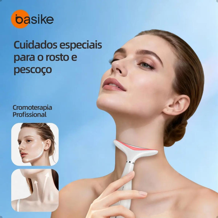 Massageado Facial e Pescoço LED Basike MRY 362 4 Em 1 Com Fototerapia Vibratorio Para Reduzir Papada e Flacidez Basike