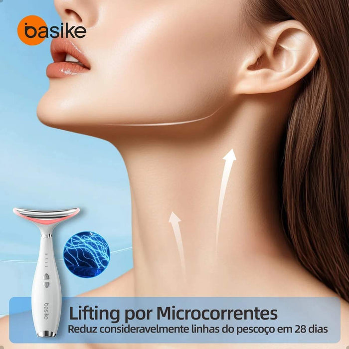 Massageado Facial e Pescoço LED Basike MRY 362 4 Em 1 Com Fototerapia Vibratorio Para Reduzir Papada e Flacidez Basike
