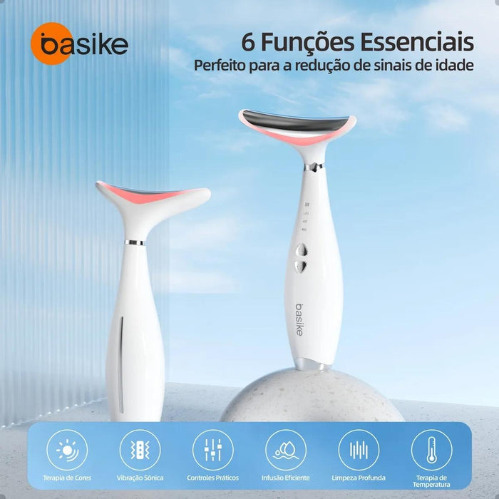 Massageado Facial e Pescoço LED Basike MRY 362 4 Em 1 Com Fototerapia Vibratorio Para Reduzir Papada e Flacidez Basike