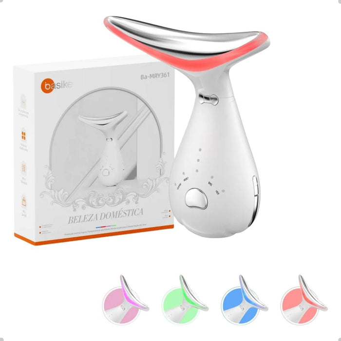 Massageador Facial e Pescoço 4 em 1 Basike MRY 361 LED Vibratório Recarregável Fototerapia Anti Papada Basike