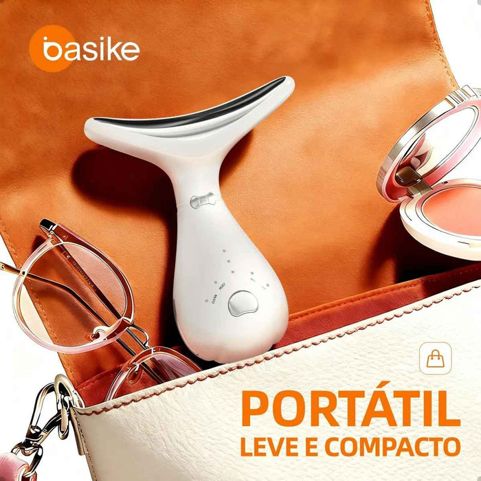 Massageador Facial e Pescoço 4 em 1 Basike MRY 361 LED Vibratório Recarregável Fototerapia Anti Papada Basike