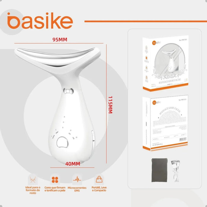 Massageador Facial e Pescoço 4 em 1 Basike MRY 361 LED Vibratório Recarregável Fototerapia Anti Papada Basike
