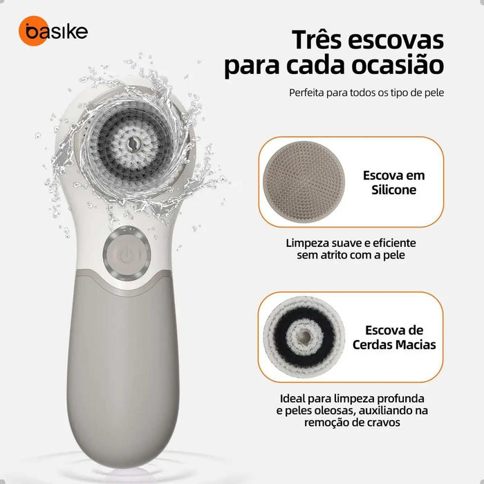 Escova de Limpeza Facial Elétrica Basike MRY 359 3 em 1 Massageador Esfoliante Recarregável USB Basike