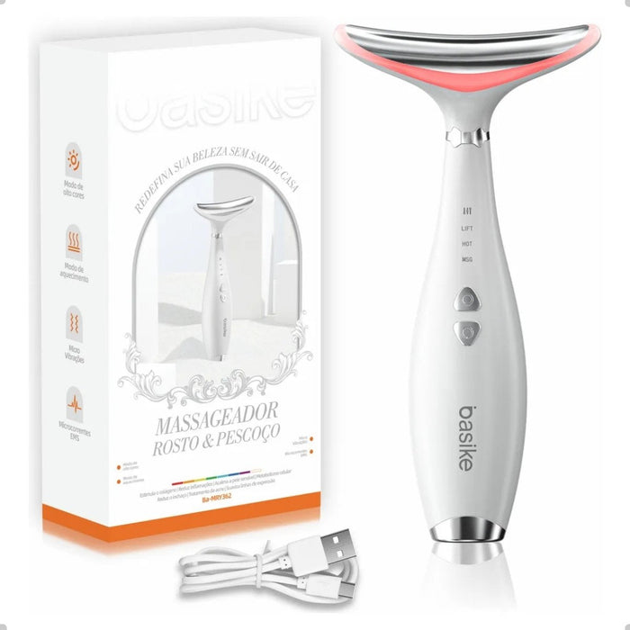 Massageado Facial e Pescoço LED Basike MRY 362 4 Em 1 Com Fototerapia Vibratorio Para Reduzir Papada e Flacidez Basike