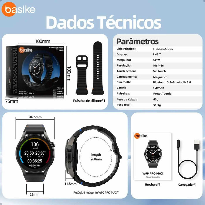 Smartwatch Basike W99 1.43" Tela Redonda Com IA GPS  Chamada Bluetooth e Modo Esportivo Basike