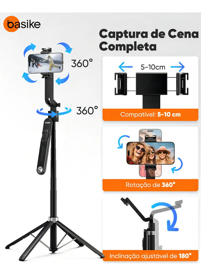 Tripé Bastão Basike Ba SPO 256 Inteligente 1,80m Rasteramento Facial 360º - Basike Brasil Oficial