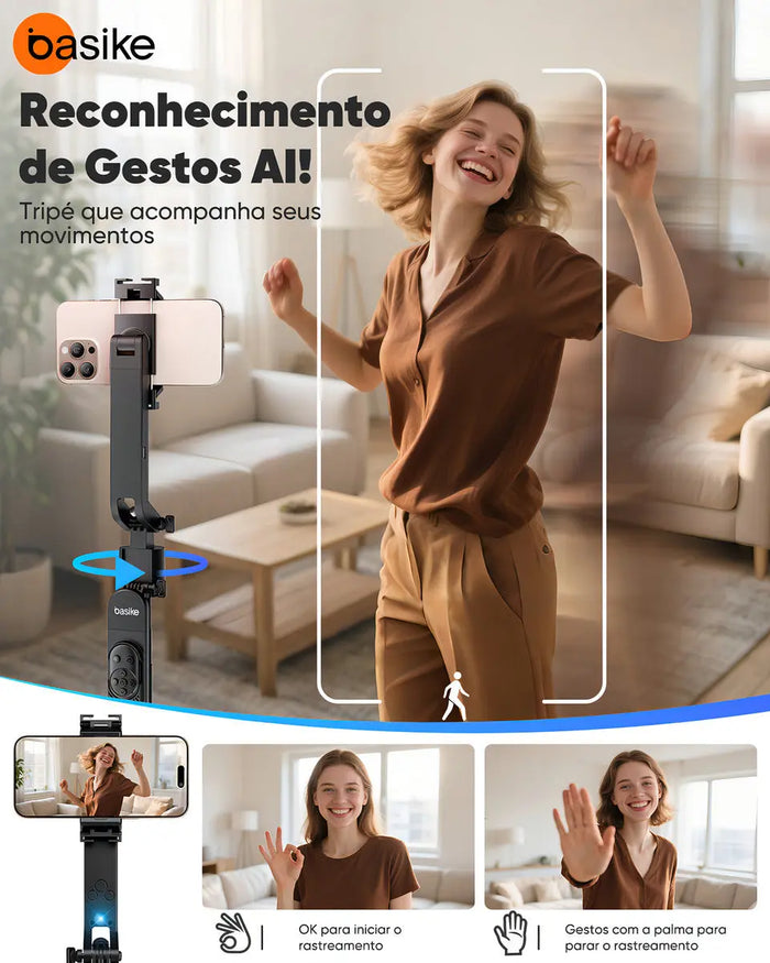 Tripé Bastão Basike Ba SPO 256 Inteligente 1,80m Rasteramento Facial 360º - Basike Brasil Oficial